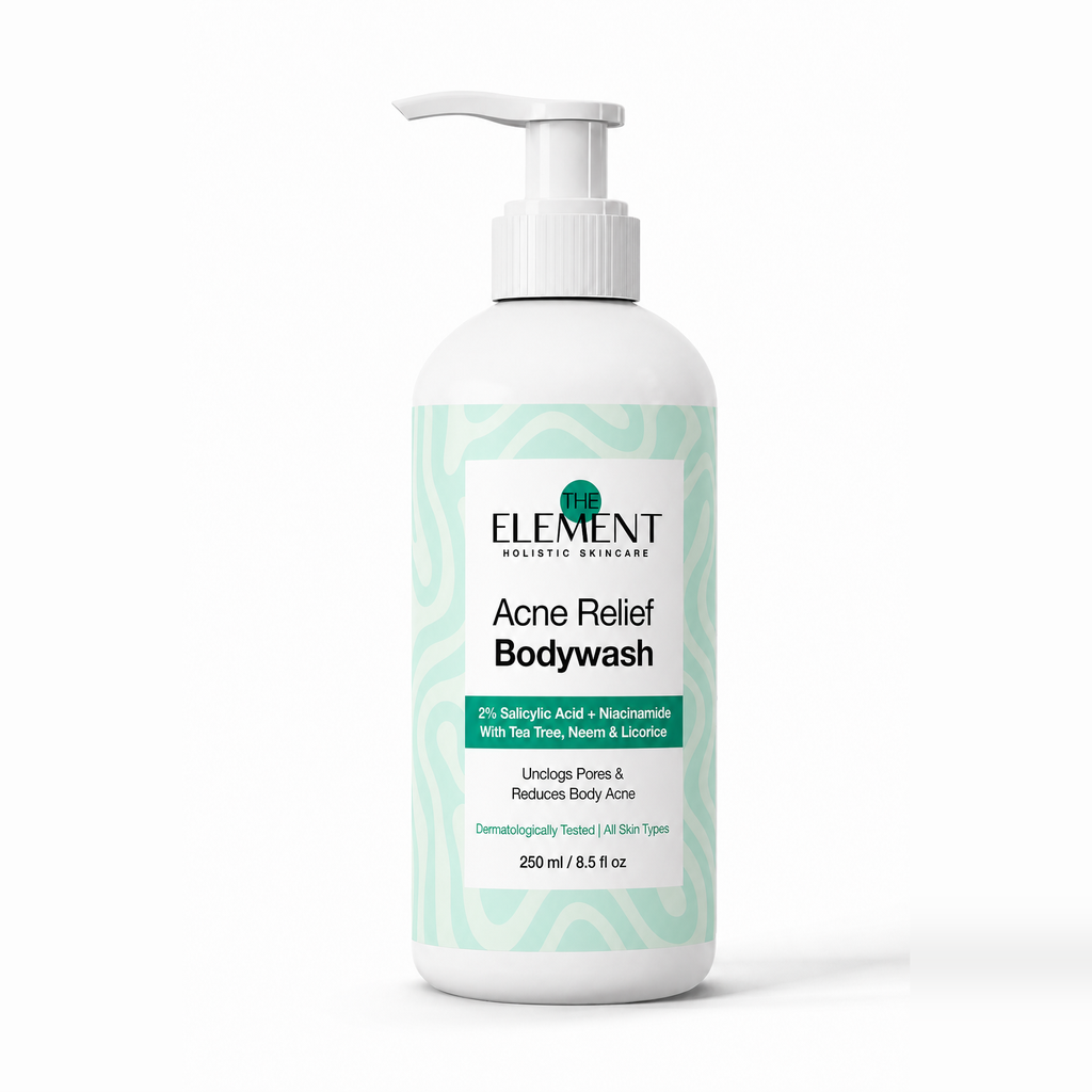 The Element Acne Relief Bodywash 250ml pump bottle with 2% Salicylic Acid, Niacinamide, Tea Tree, Neem and Licorice