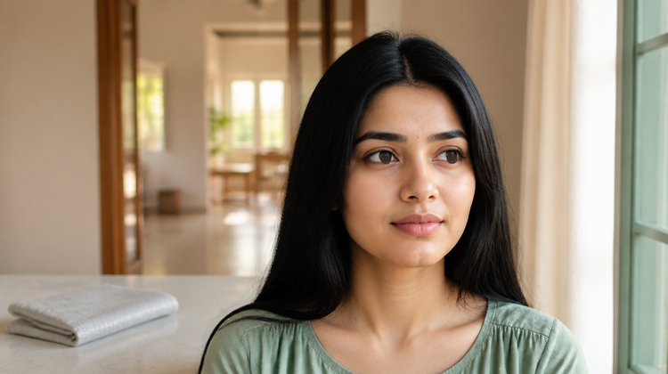 A young Indian woman in a green blouse by a sunlit window, with a light scattering of closed comedones on her forehead and chin