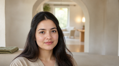 An Indian woman with clear, even skin at home in soft evening light, illustrating a guide to layering AHA and BHA exfoliating acids