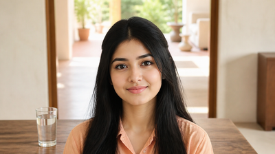 A young Indian woman in her early twenties in a bright, sunlit room at the start of her morning skincare routine