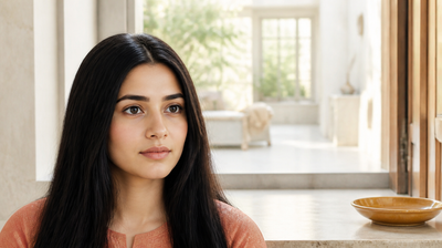 An Indian woman in a terracotta kurta beside a bright window, considering when to apply her niacinamide serum