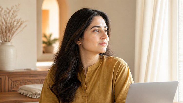 Indian woman at a sunlit desk turning away from her laptop toward strong daylight from the window