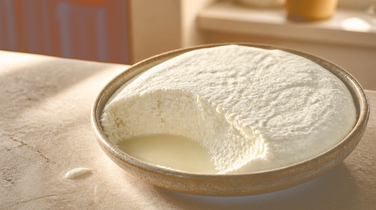 A bowl of plain set curd (dahi) on a pale stone kitchen counter in warm daylight