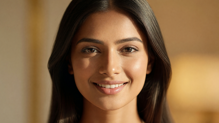 A radiant warm-brown-skinned Indian woman with healthy, glowing, even-toned skin in soft morning light — an Ayurvedic glow from within.