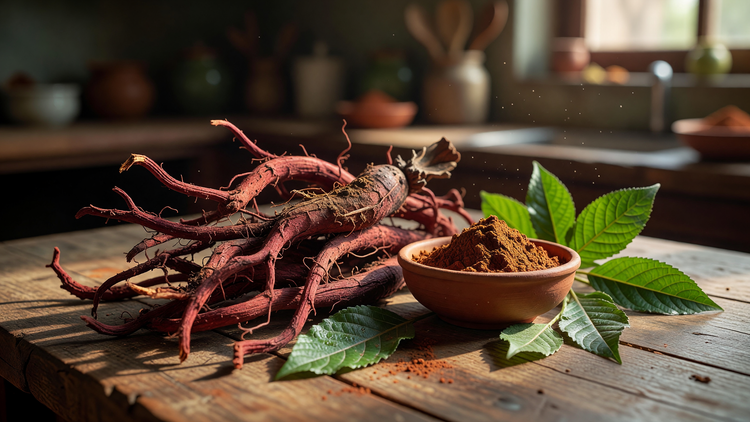 Ayurvedic manjistha roots with manjistha powder in a clay bowl and green leaves on a wooden kitchen table — herbs for pigmentation and even tone.