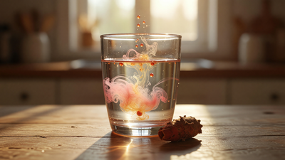 Ayurvedic radiance drops dispersing into a glass of water on a kitchen table with a root beside it — an ingestible glow-from-within ritual.
