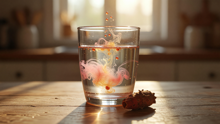 Ayurvedic radiance drops dispersing into a glass of water on a kitchen table with a root beside it — an ingestible glow-from-within ritual.