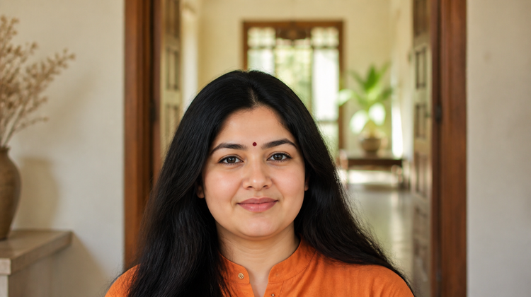 A young Indian woman at home wearing a small maroon bindi between her brows, in a burnt-orange kurta