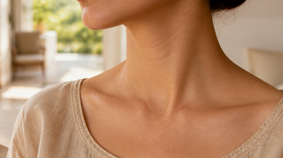 Close view of the side of a woman's neck and collarbone in warm late-afternoon daylight, skin evenly toned and naturally textured