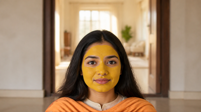 A young Indian woman wearing a thin, even turmeric face mask, showing what a haldi mask looks like on skin