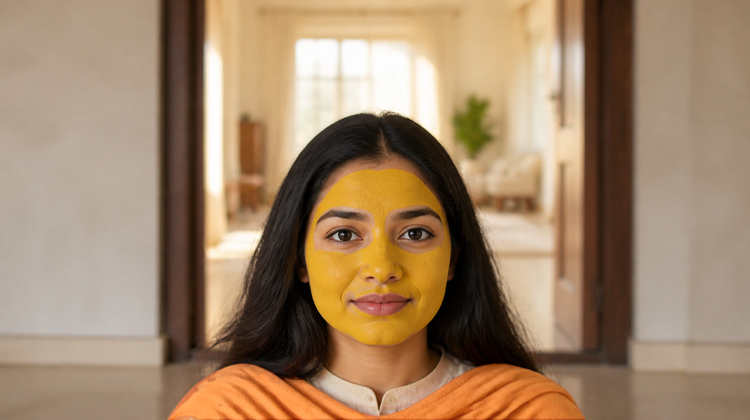 A young Indian woman wearing a thin, even turmeric face mask, showing what a haldi mask looks like on skin