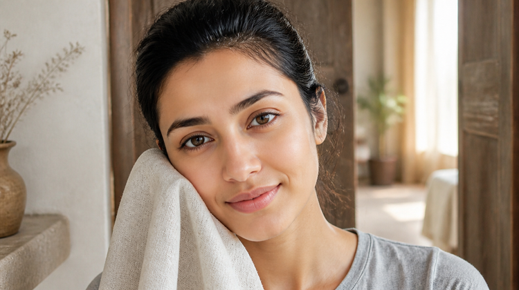 An Indian woman patting her face dry with a linen towel after washing, illustrating how a pH-balanced face wash leaves skin comfortable rather than tight