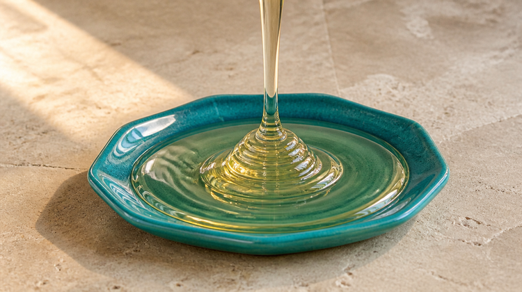 A thick ribbon of pale golden oil coiling into a shallow teal ceramic dish on pale stone
