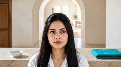 A woman pauses beside a stone basin ledge holding a small ceramic bowl of clear liquid, considering whether to use an at-home chemical peel, with a teal-green towel on the ledge