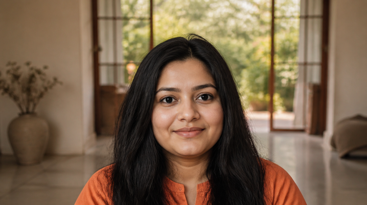 Indian woman in a burnt-orange kurta at home in the evening with calm, even-toned skin