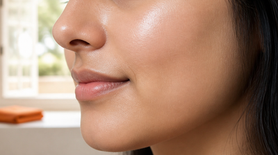 Close-up of smooth, calm skin on a woman's cheek, upper lip and jawline in soft window light
