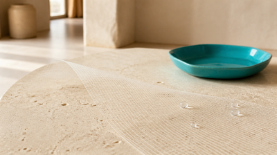 A sheet of sheer white netting resting over pale limestone with the stone's grain and pits still visible through it and water beads sitting on top - a permeable film that does not seal the surface.