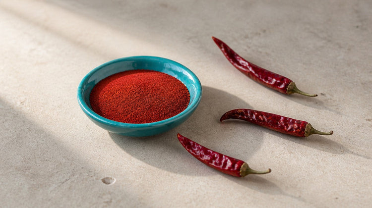 A teal dish of red chilli powder with three dried red chillies on pale stone, illustrating whether spicy food causes acne