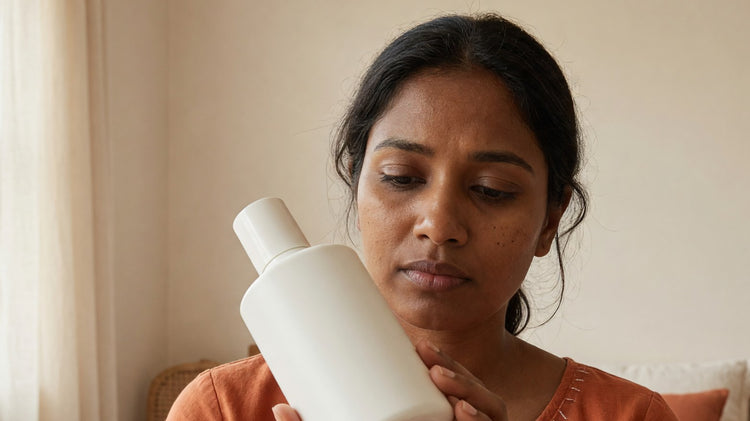 Indian woman with warm brown skin checking the date on an unbranded white skincare bottle in soft window light