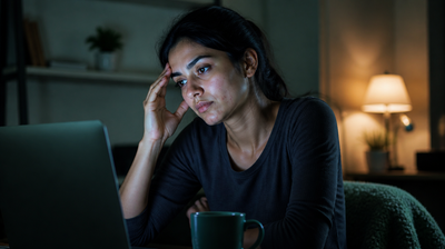 A tired young Indian woman at her laptop late at night with stress-related breakouts along her jaw and chin.