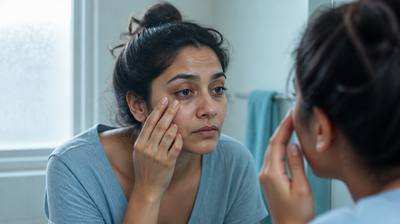 An Indian woman checks puffy under-eyes in the bathroom mirror shortly after waking.