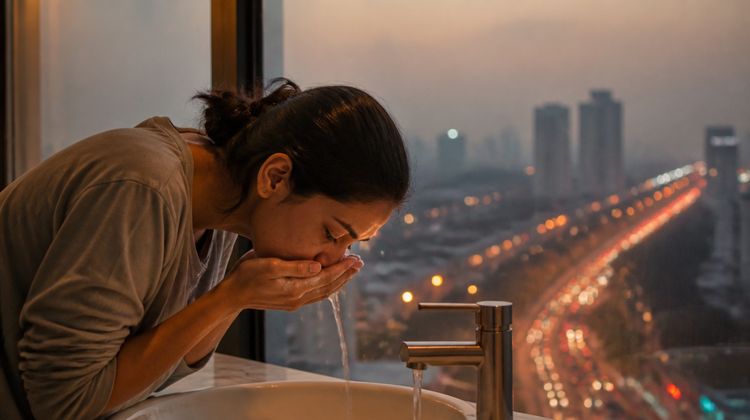 An Indian woman washes her face at a basin in the evening, a hazy polluted city skyline visible through the window behind her.
