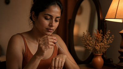 An Indian woman carefully releases a single drop from a glass dropper at her vanity at night, the low-and-slow way to start retinol.