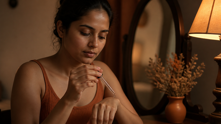 An Indian woman carefully releases a single drop from a glass dropper at her vanity at night, the low-and-slow way to start retinol.