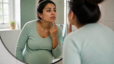 A pregnant Indian woman examines a small breakout on her chin in the bathroom mirror.