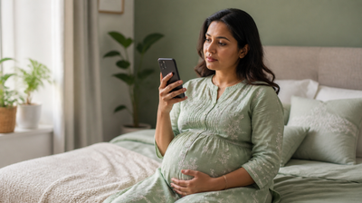 A pregnant Indian woman checks on her phone whether a skincare ingredient is safe to keep using.