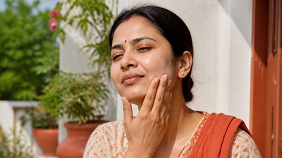 An expectant Indian woman smooths sunscreen over her cheek on a sunlit balcony.