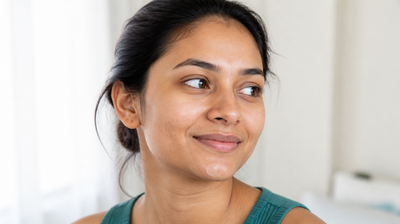 Young Indian woman wearing a translucent hydrocolloid pimple patch on her chin