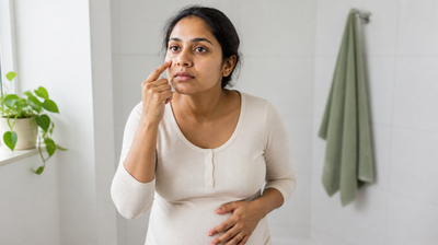 Pregnant Indian woman checking blackheads on her nose and T-zone in a bright bathroom