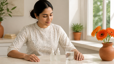 Indian woman at a sunlit vanity with two serum dropper bottles, layering niacinamide and retinol in her evening routine