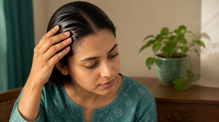 Indian woman with freshly oiled hair touching small bumps clustered along her hairline