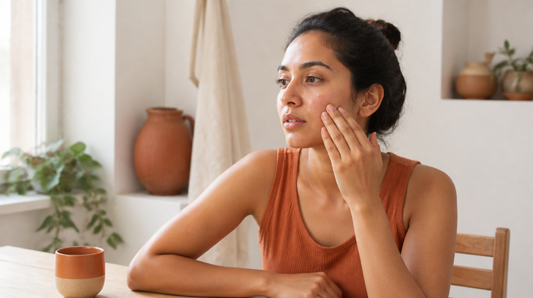 Indian woman with warm brown skin gently touching a patch of mild redness on her cheek in soft morning light