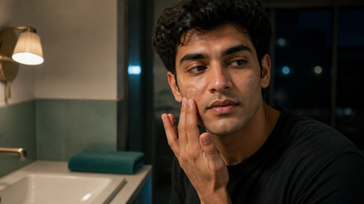 Young Indian man with acne-prone skin applying a night treatment gel to his cheek at a bathroom basin