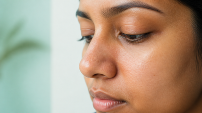 Close-up of an Indian woman's nose showing natural pore texture and blackheads in soft daylight