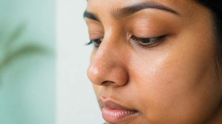 Close-up of an Indian woman's nose showing natural pore texture and blackheads in soft daylight