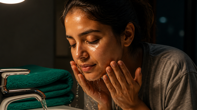 Indian woman cleansing her face with water at a basin late at night
