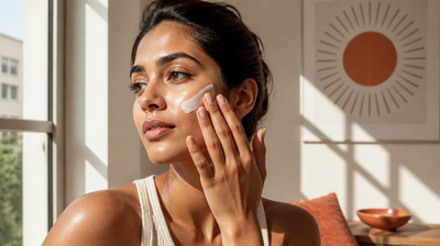 Indian woman with warm brown skin applying sunscreen to her cheek in bright morning sunlight beside a window
