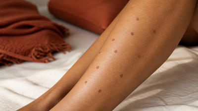 Faded brown post-inflammatory dark spots from healed mosquito bites scattered across the shin of an Indian woman's lower leg