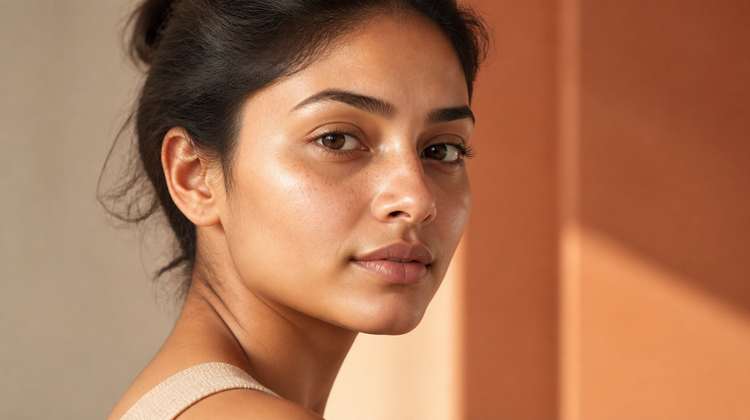 Close portrait of an Indian woman with warm brown skin and natural tan freckles scattered across her nose bridge and cheeks in soft daylight