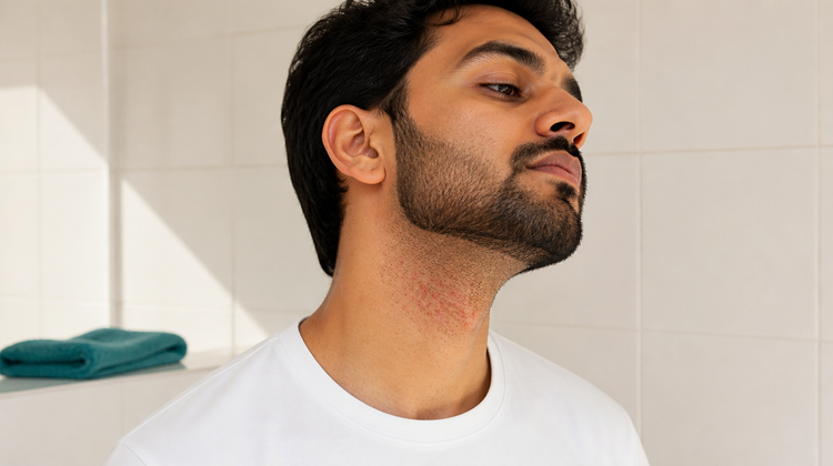 Indian man with warm brown skin tilting his head to show a cluster of small red razor bumps on his shaved neck below the beard line