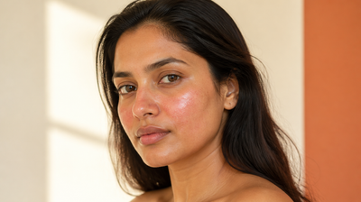 Indian woman with warm brown skin and visibly flushed, sensitive cheeks in soft daylight against a warm terracotta background