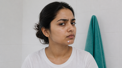Young Indian woman with warm brown skin looking sceptical, with a small white dab of toothpaste on a pimple on her chin