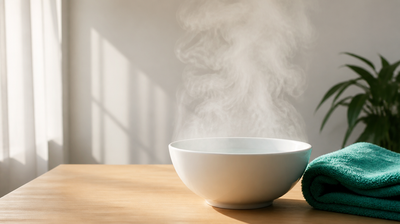 White ceramic bowl of hot water on a wooden table with steam rising and a folded green towel beside it, set up for a home face steam