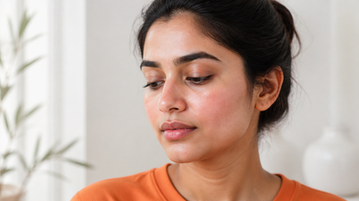 Indian woman with warm brown skin showing a mild flush across the cheeks after using a new skincare active