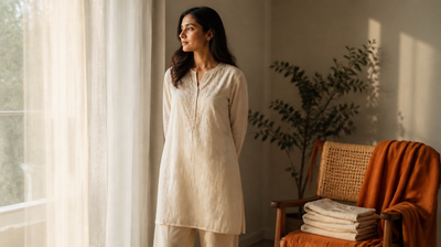 Indian woman in a cream cotton kurta standing by a sunlit window at home, warm orange throw on a chair beside her