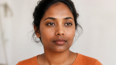 Close portrait of an Indian woman with warm brown skin showing soft pigmentation around the mouth and chin